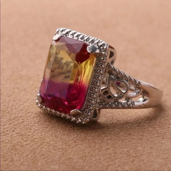 Rainbow Ombre Gemstone Silver Ring | Pink Yellow Statement Cocktail Ring - Picture 4 of 4